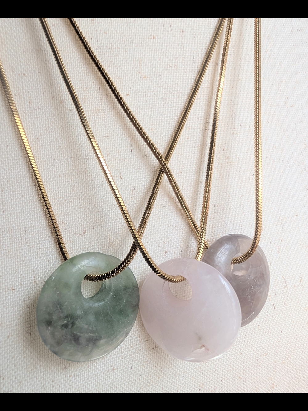 Gold Chain Three-Stone Quartz Pendant Necklaces - Pink, Green, Gray - Picture 12 of 14